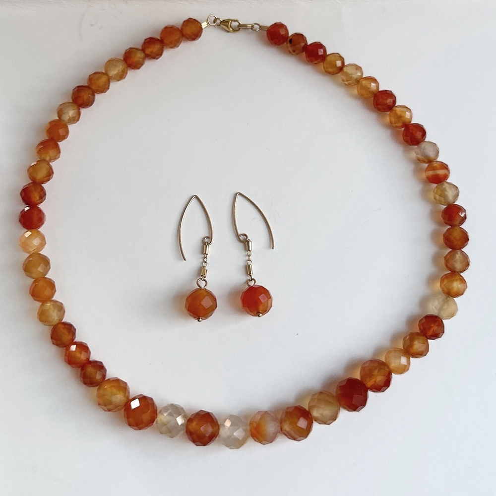 14K Gold Filled Faceted Carnelian Necklace and Earring Set